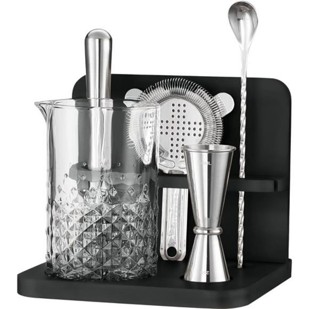 Crystal Cocktail Mixing Glass Set with Bar Tools Bamboo Stand 22 Oz Kit